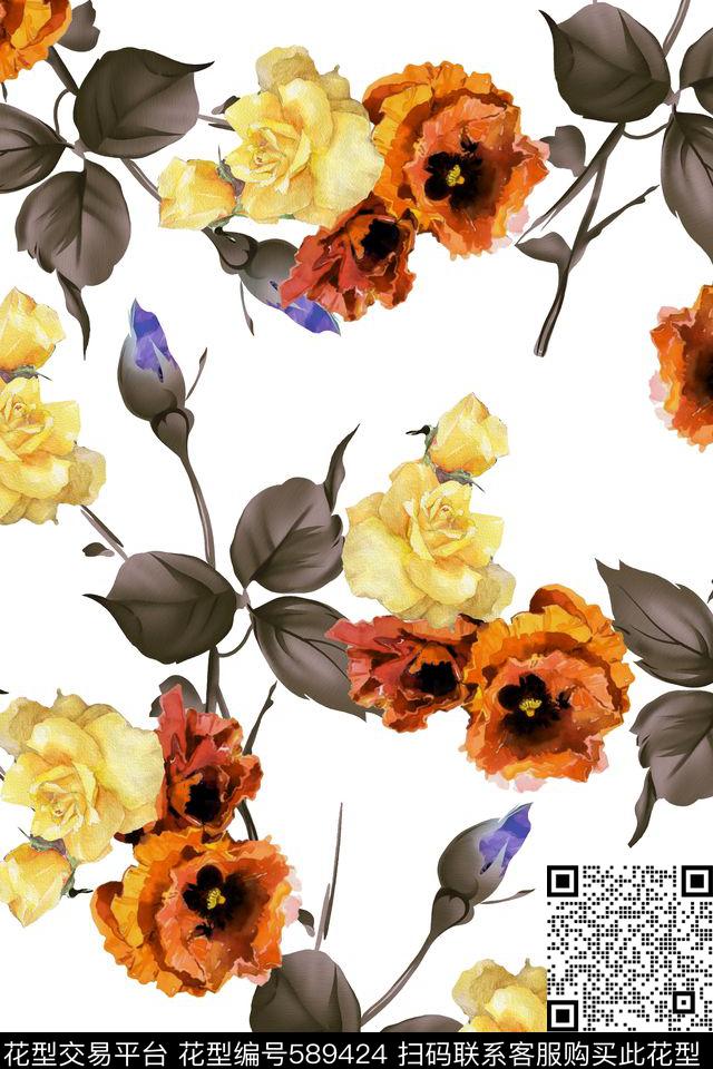 玫瑰花水彩叶子数码印花华亿平台下载（图片编号: 589424） - 瓦栏（Walan）