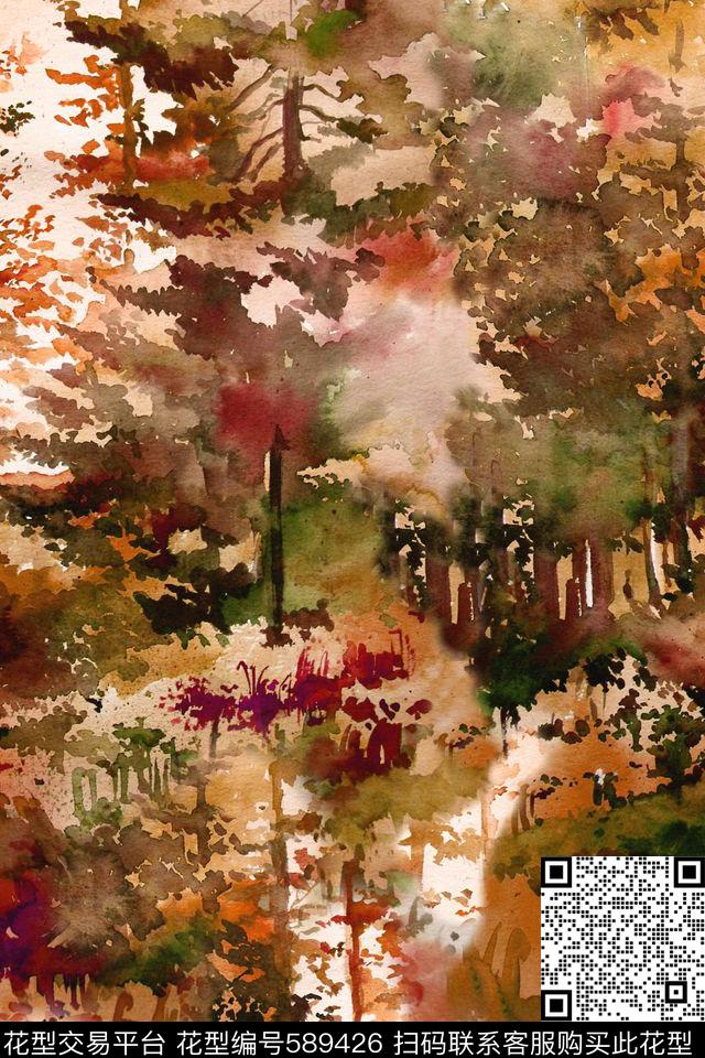森林水彩风景数码印花华亿平台下载（图片编号: 589426） - 瓦栏（Walan）