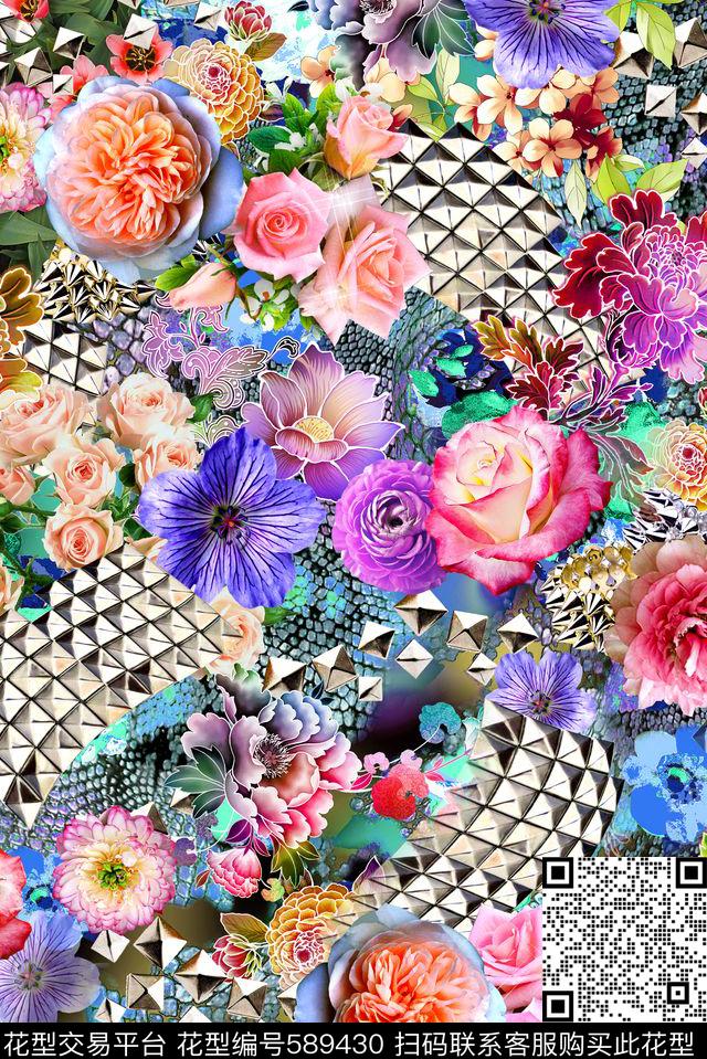 几何抽象花卉数码印花华亿平台下载（图片编号: 589430） - 瓦栏（Walan）