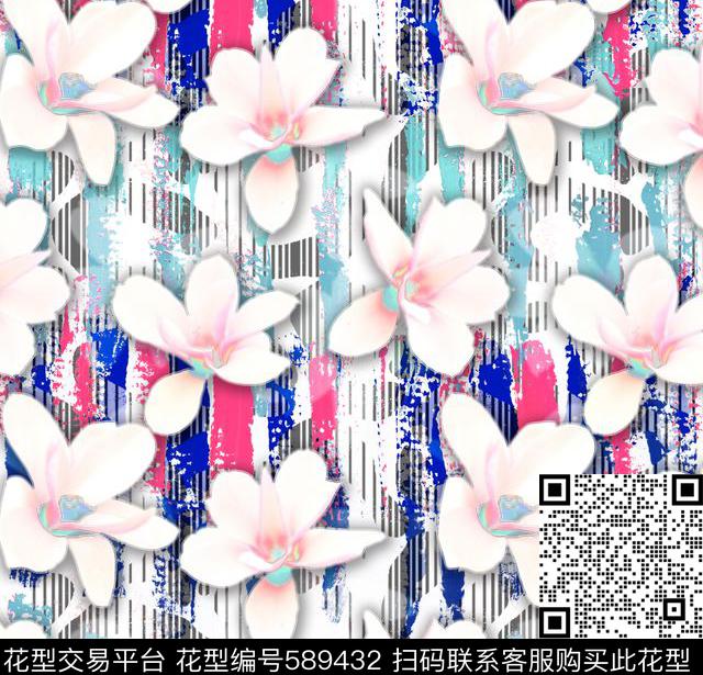 时尚混搭未来感白玉兰写实花卉笔触笔刷豹纹竖条纹叠加渐变投影立体数码印花华亿平台下载（图片编号: 589432） - 瓦栏（Walan）