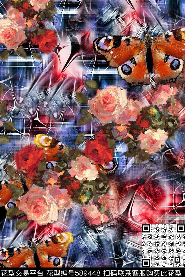 抽象炫彩底纹油画花卉蝴蝶数码印花华亿平台下载（图片编号: 589448） - 瓦栏（Walan）
