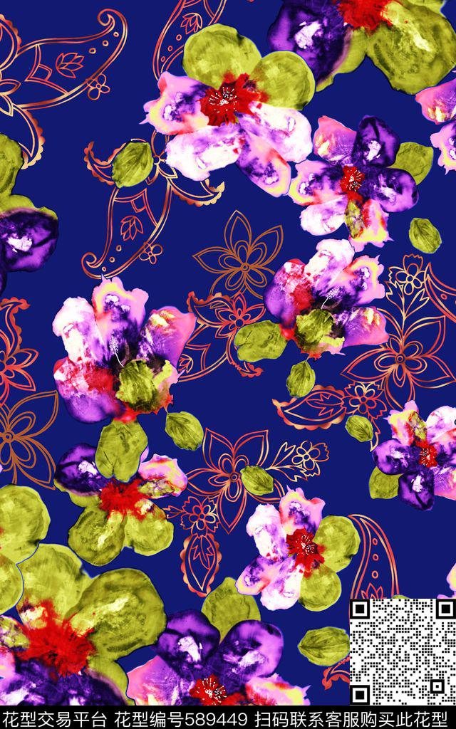 休闲风花朵佩斯利数码印花华亿平台下载（图片编号: 589449） - 瓦栏（Walan）