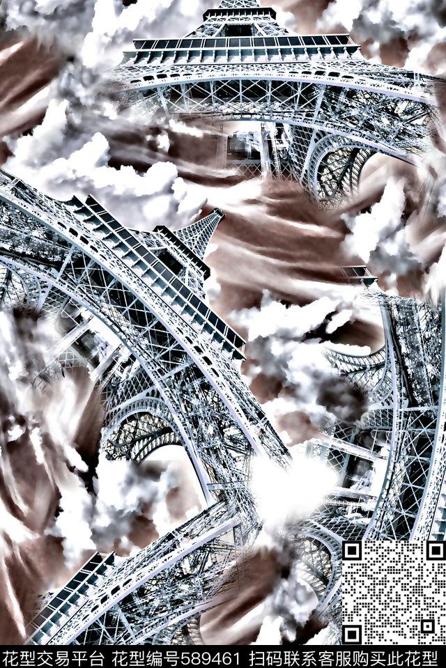 男装衬衫时尚大牌铁塔建筑数码印花华亿平台下载（图片编号: 589461） - 瓦栏（Walan）