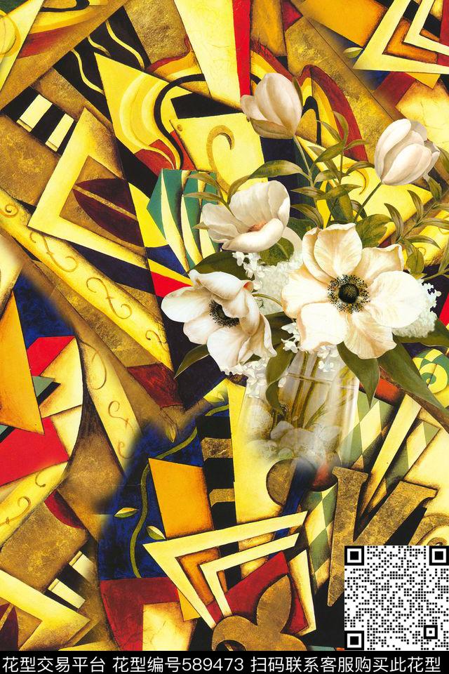 抽象几何图案绘画肌理油画花卉数码印花华亿平台下载（图片编号: 589473） - 瓦栏（Walan）