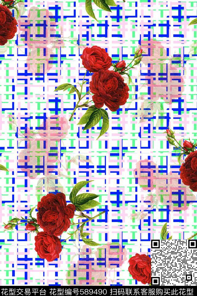 时尚几何水彩玫瑰几何水彩玫瑰花卉数码印花华亿平台下载（图片编号: 589490） - 瓦栏（Walan）
