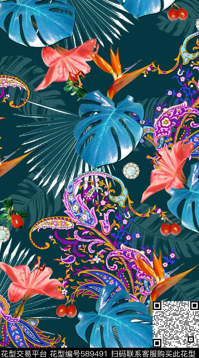 时尚水彩清新数码印花华亿平台下载（图片编号: 589491） - 瓦栏（Walan）