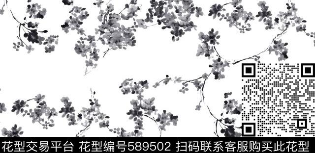 水墨黑白花传统印花华亿平台下载（图片编号: 589502） - 瓦栏（Walan）
