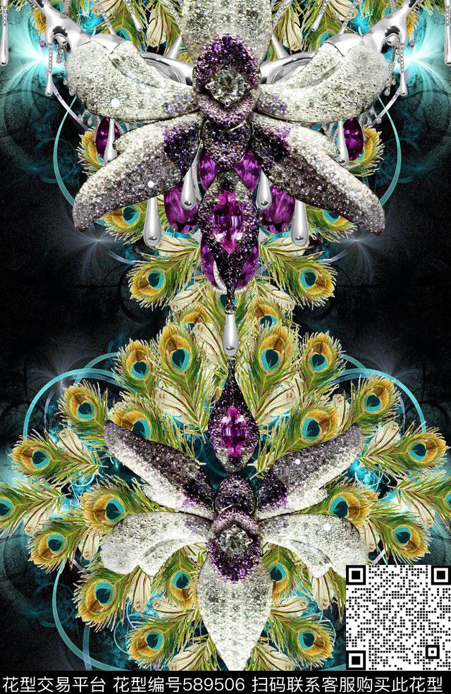 珠宝孔雀羽毛奇幻花纹数码印花华亿平台下载（图片编号: 589506） - 瓦栏（Walan）