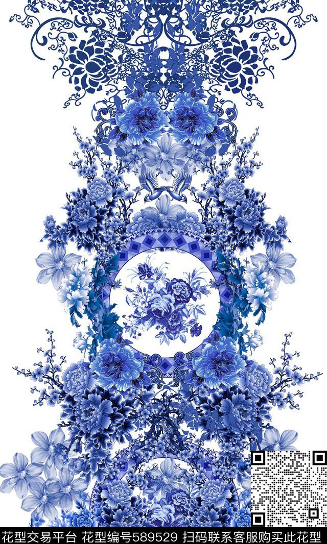 定位青花中国风数码印花华亿平台下载（图片编号: 589529） - 瓦栏（Walan）