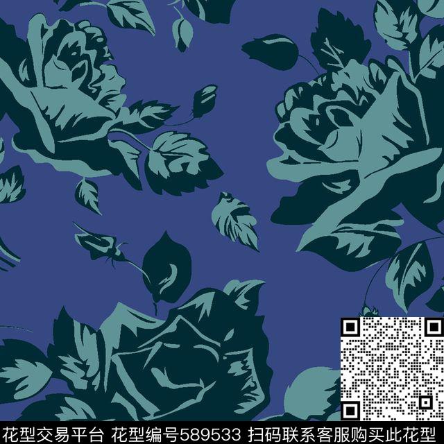 抽象玫瑰花传统印花华亿平台下载（图片编号: 589533） - 瓦栏（Walan）