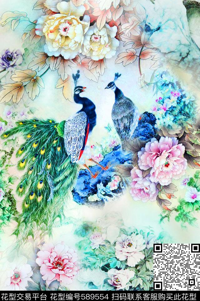 中国风孔雀牡丹数码印花华亿平台下载（图片编号: 589554） - 瓦栏（Walan）