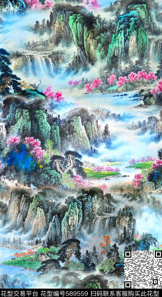 中国风国画风景数码印花华亿平台下载（图片编号: 589559） - 瓦栏（Walan）