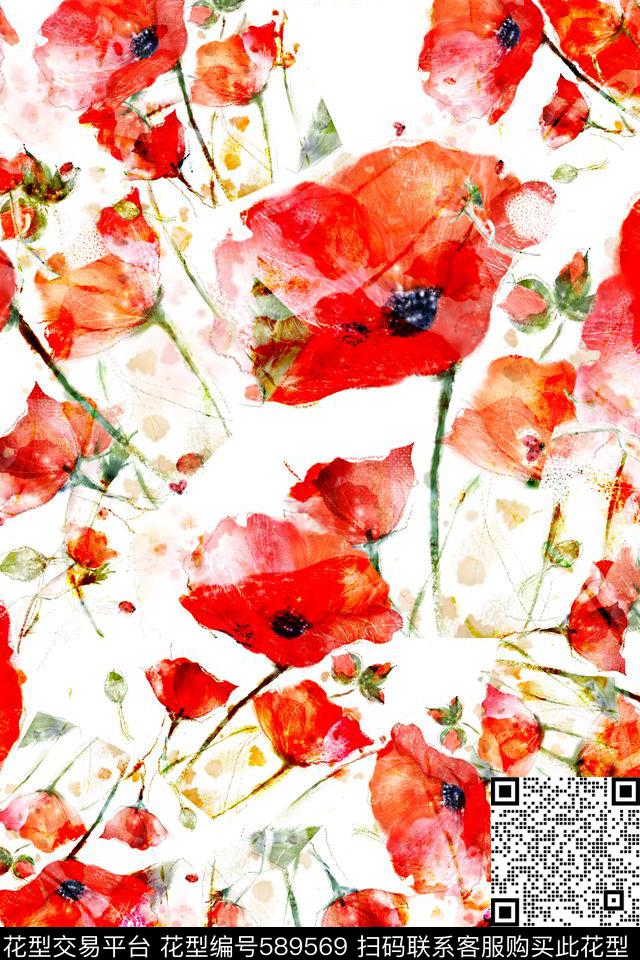 浪漫花卉手绘花卉时尚大花数码印花华亿平台下载（图片编号: 589569） - 瓦栏（Walan）