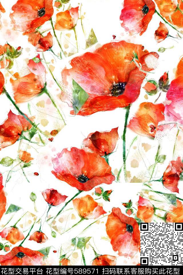 浪漫花卉手绘花卉时尚大花数码印花华亿平台下载（图片编号: 589571） - 瓦栏（Walan）