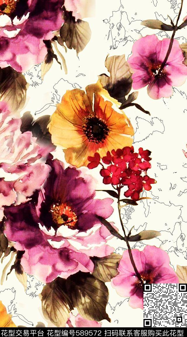 时尚水彩花卉数码印花华亿平台下载（图片编号: 589572） - 瓦栏（Walan）