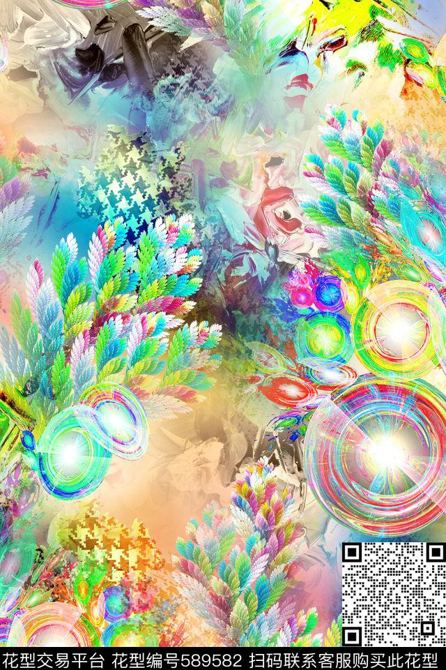时尚分形羽毛数码印花华亿平台下载（图片编号: 589582） - 瓦栏（Walan）