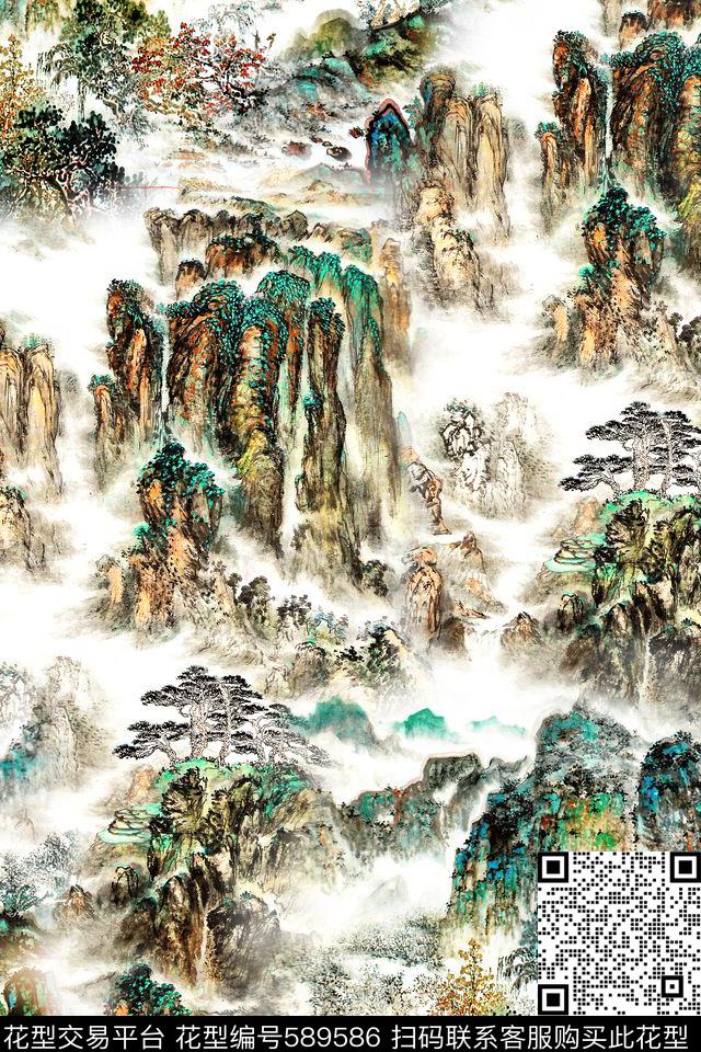 中国风国画风景数码印花华亿平台下载（图片编号: 589586） - 瓦栏（Walan）