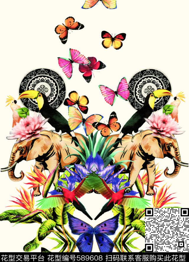 热带植物花鸟定位裁片数码印花华亿平台下载（图片编号: 589608） - 瓦栏（Walan）
