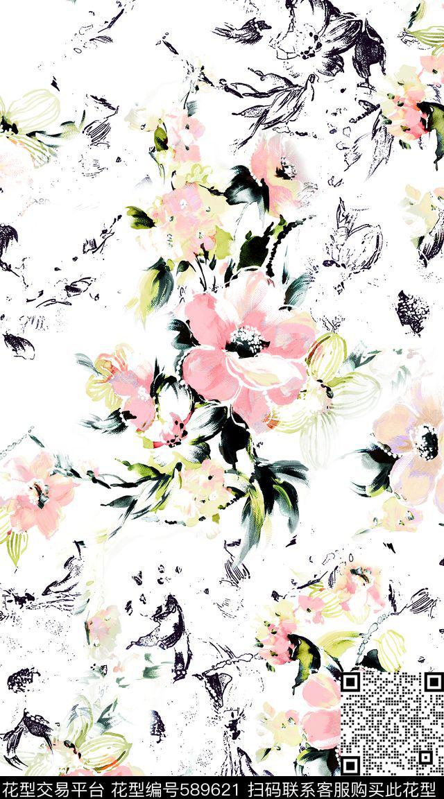 花卉水墨水彩数码印花华亿平台下载（图片编号: 589621） - 瓦栏（Walan）