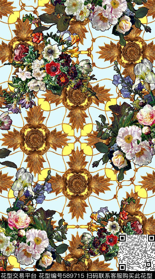 花卉复古油画宫廷风数码印花华亿平台下载（图片编号: 589715） - 瓦栏（Walan）