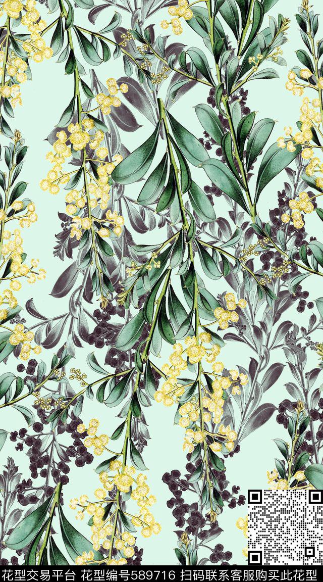 清新复古油画树叶数码印花华亿平台下载（图片编号: 589716） - 瓦栏（Walan）