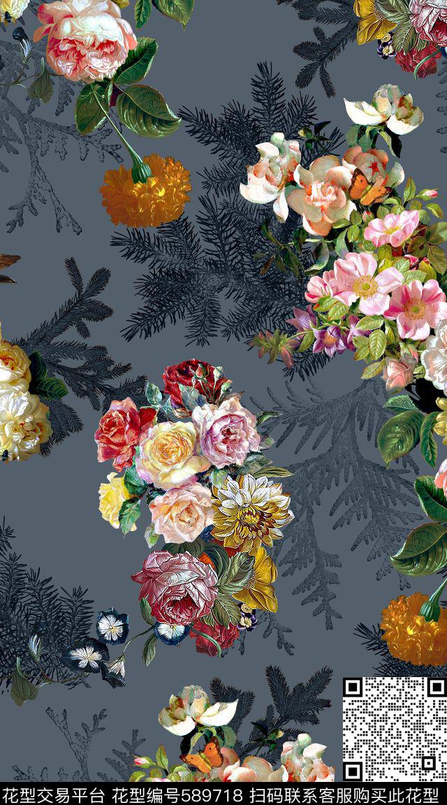 树叶复古油画流行色数码印花华亿平台下载（图片编号: 589718） - 瓦栏（Walan）