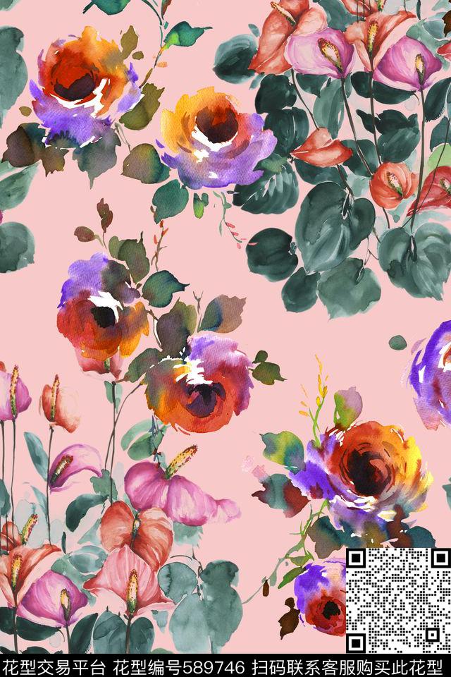 花朵手绘花卉绿叶子数码印花华亿平台下载（图片编号: 589746） - 瓦栏（Walan）