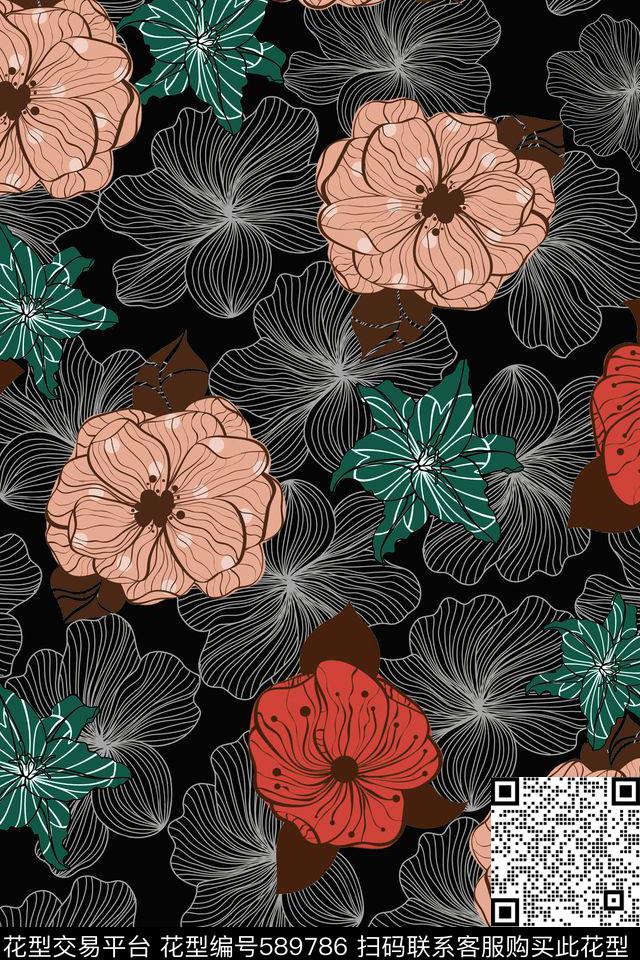 线描花卉传统传统印花华亿平台下载（图片编号: 589786） - 瓦栏（Walan）