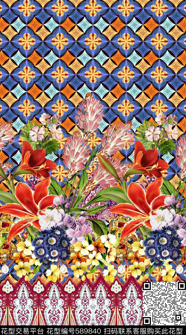 时尚花卉定位花数码印花华亿平台下载（图片编号: 589840） - 瓦栏（Walan）