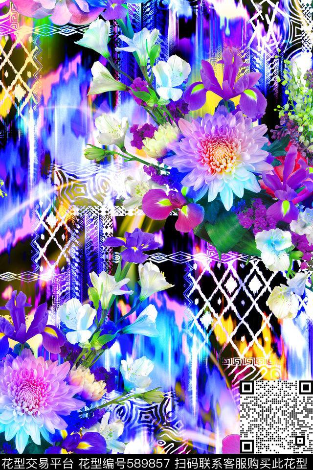 时尚花卉几何数码印花华亿平台下载（图片编号: 589857） - 瓦栏（Walan）
