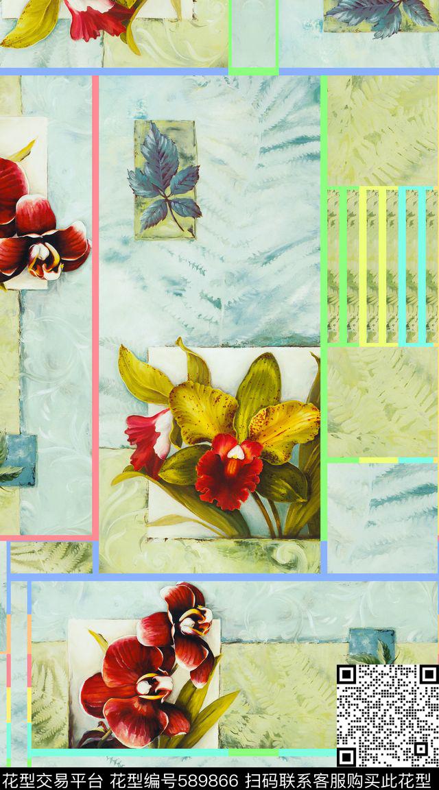 条纹拼接花卉数码印花华亿平台下载（图片编号: 589866） - 瓦栏（Walan）