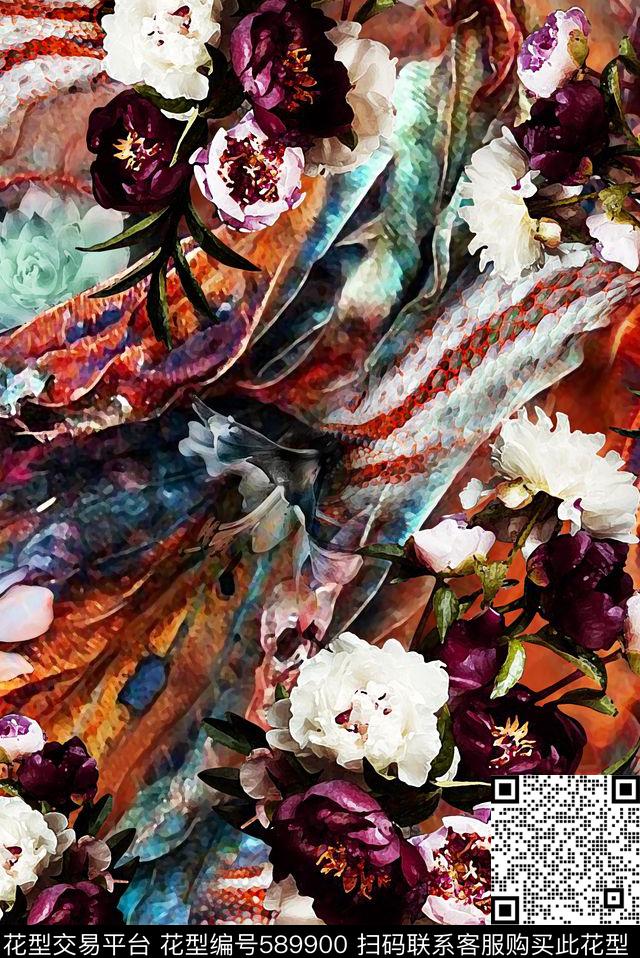 现代枯叶花卉数码印花华亿平台下载（图片编号: 589900） - 瓦栏（Walan）