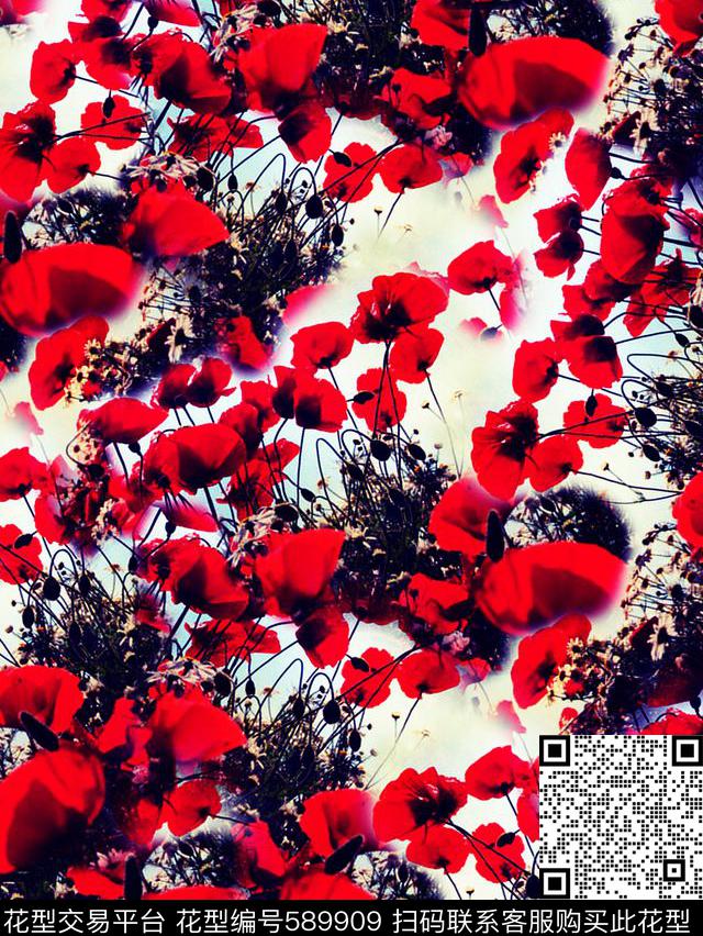 时尚小红花清新数码印花华亿平台下载（图片编号: 589909） - 瓦栏（Walan）