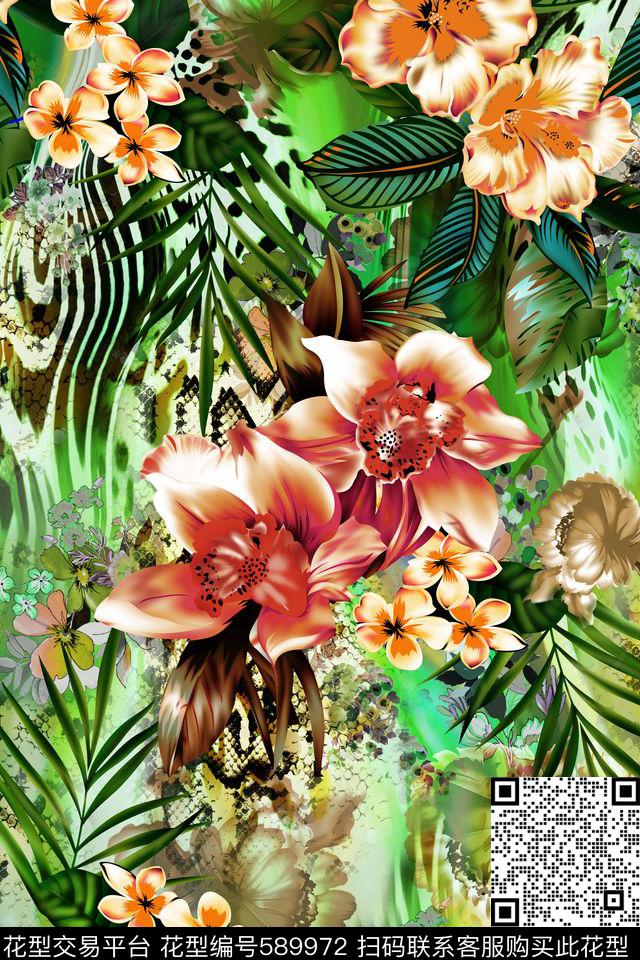 兰花牡丹手绘数码印花华亿平台下载（图片编号: 589972） - 瓦栏（Walan）