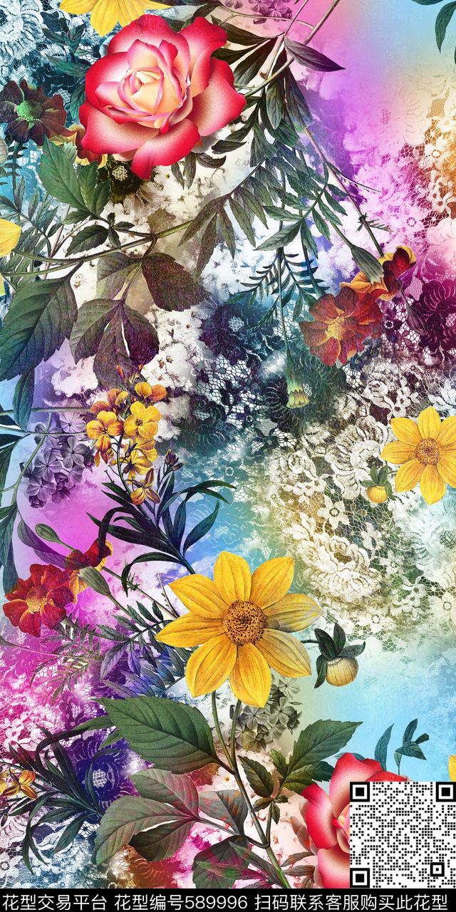 花卉枝条蕾丝数码印花华亿平台下载（图片编号: 589996） - 瓦栏（Walan）