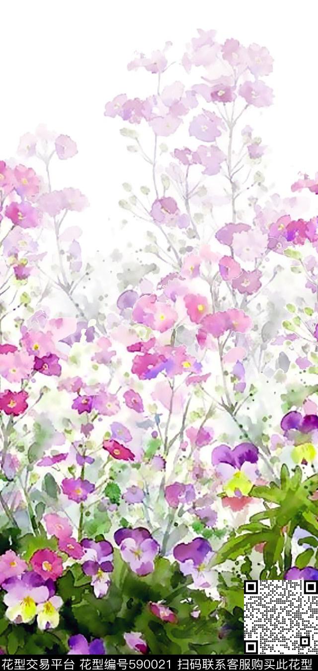 花卉。手绘定位丝巾数码印花华亿平台下载（图片编号: 590021） - 瓦栏（Walan）