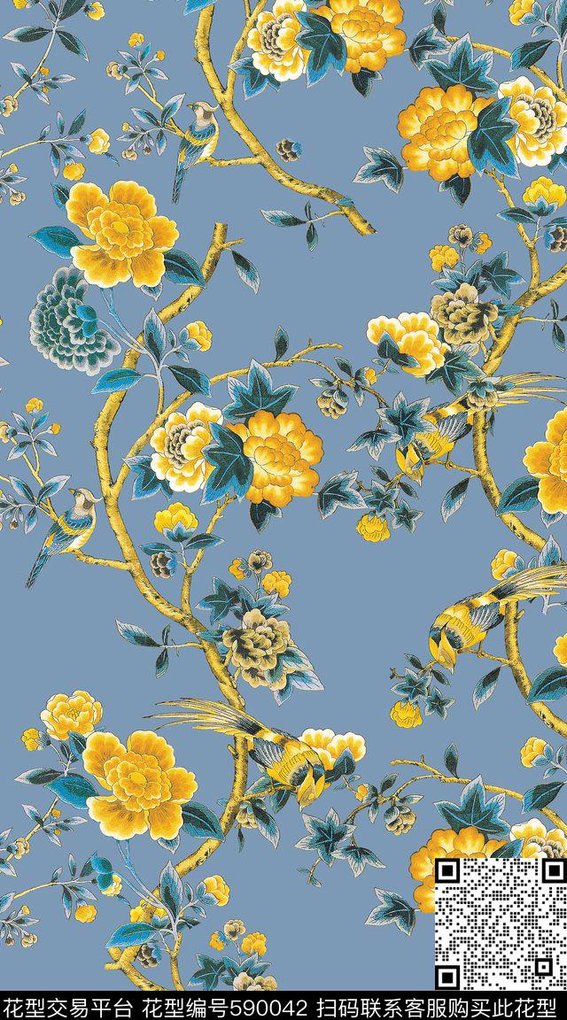 民族花卉灰底数码印花华亿平台下载（图片编号: 590042） - 瓦栏（Walan）
