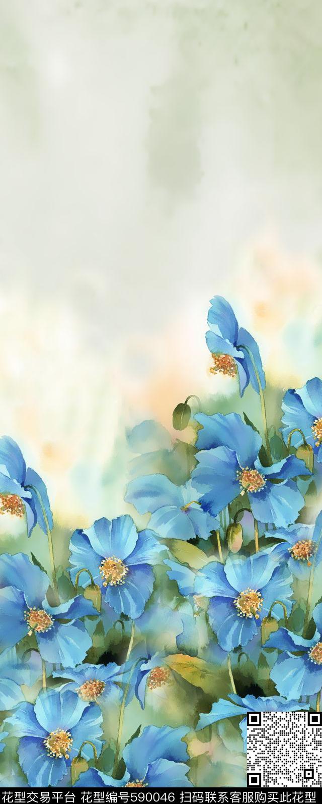 花卉。手绘双边定位围巾华亿平台数码印花华亿平台下载（图片编号: 590046） - 瓦栏（Walan）