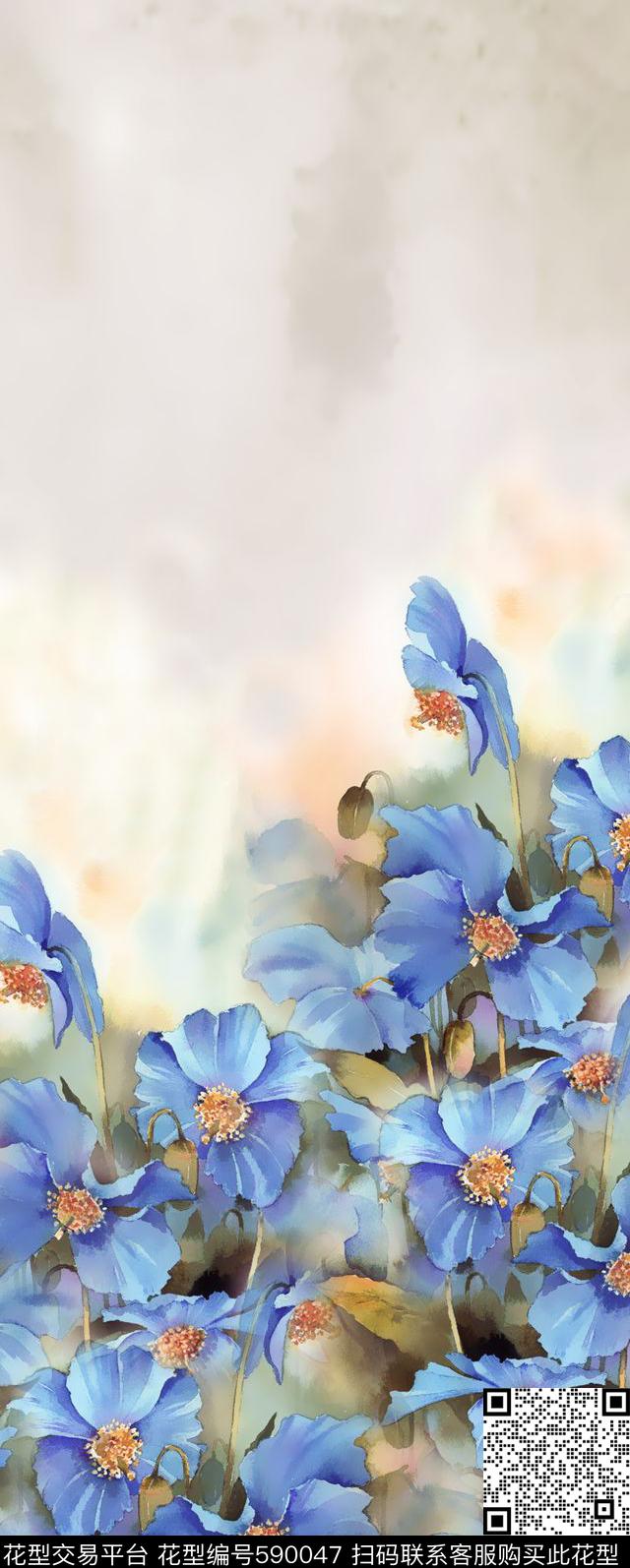 花卉。手绘双边定位围巾华亿平台数码印花华亿平台下载（图片编号: 590047） - 瓦栏（Walan）