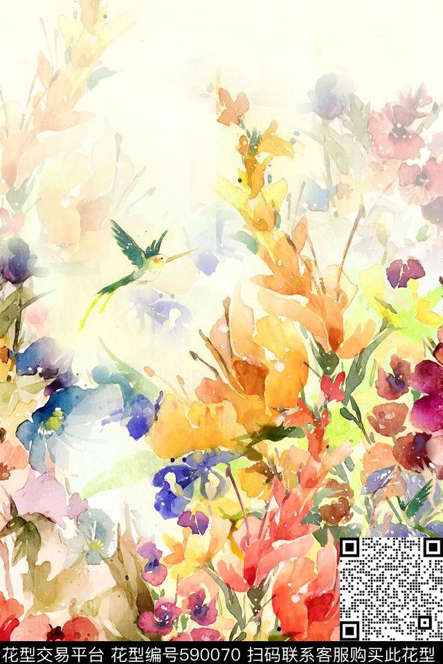 手绘花卉。双边定位围巾华亿平台数码印花华亿平台下载（图片编号: 590070） - 瓦栏（Walan）