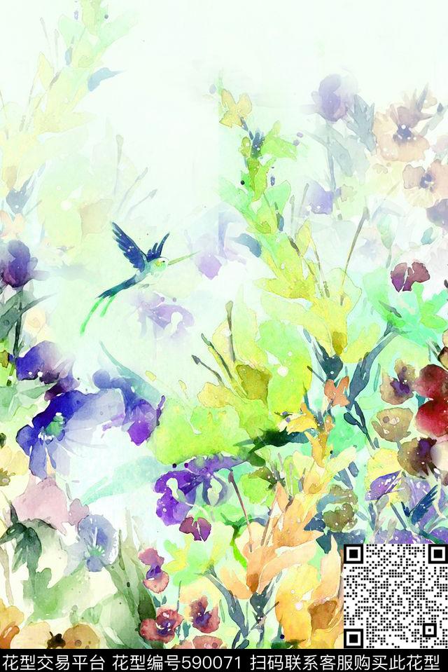 手绘花卉。双边定位围巾华亿平台数码印花华亿平台下载（图片编号: 590071） - 瓦栏（Walan）