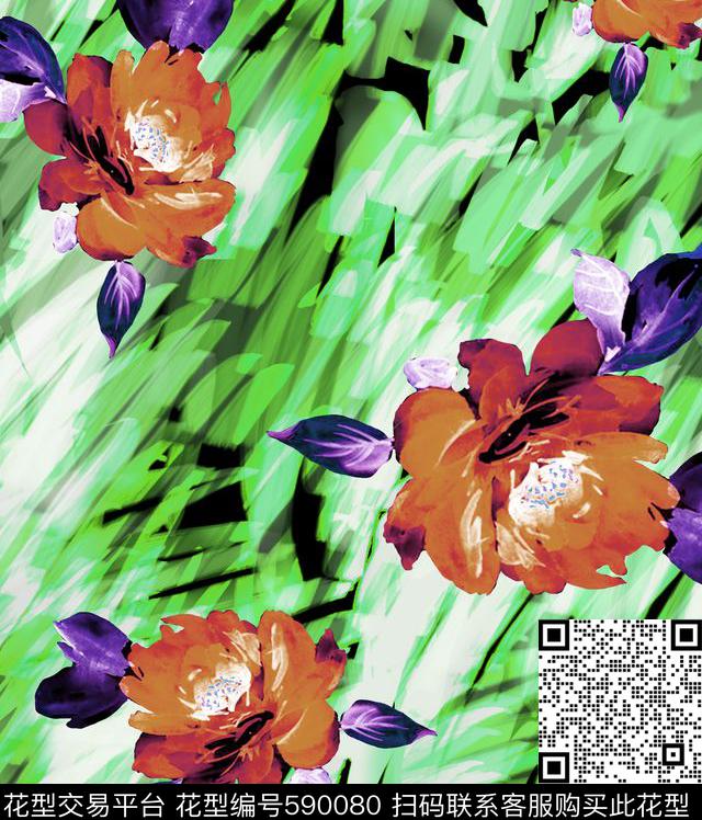 时尚休闲肌理笔触花卉数码印花华亿平台下载（图片编号: 590080） - 瓦栏（Walan）