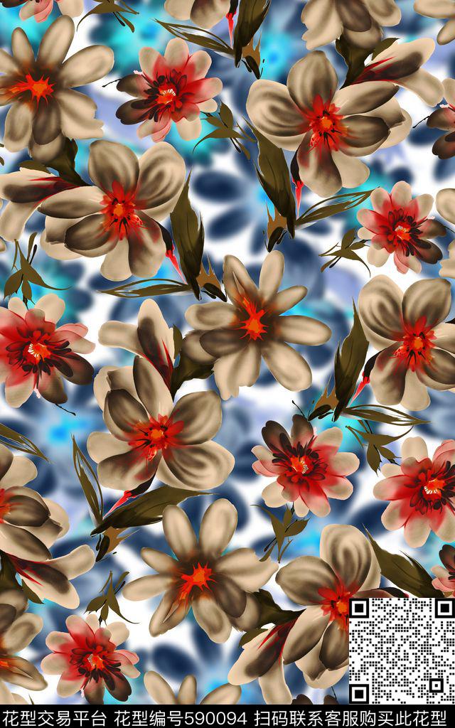 大牌花朵晕染数码印花华亿平台下载（图片编号: 590094） - 瓦栏（Walan）