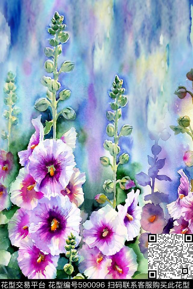 双边定位水墨底手绘数码印花华亿平台下载（图片编号: 590096） - 瓦栏（Walan）