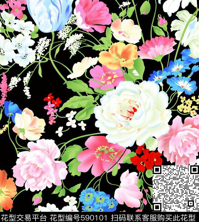 花卉大花淑女数码印花华亿平台下载（图片编号: 590101） - 瓦栏（Walan）