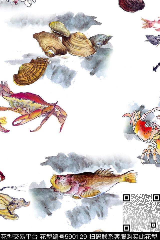 水彩鱼虾海洋生物贝壳休闲风数码印花华亿平台下载（图片编号: 590129） - 瓦栏（Walan）
