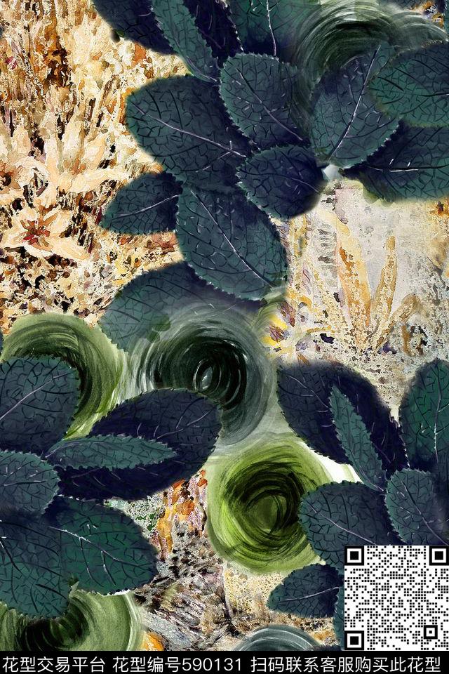 抽象底纹绘画树叶组合衬衫数码印花华亿平台下载（图片编号: 590131） - 瓦栏（Walan）