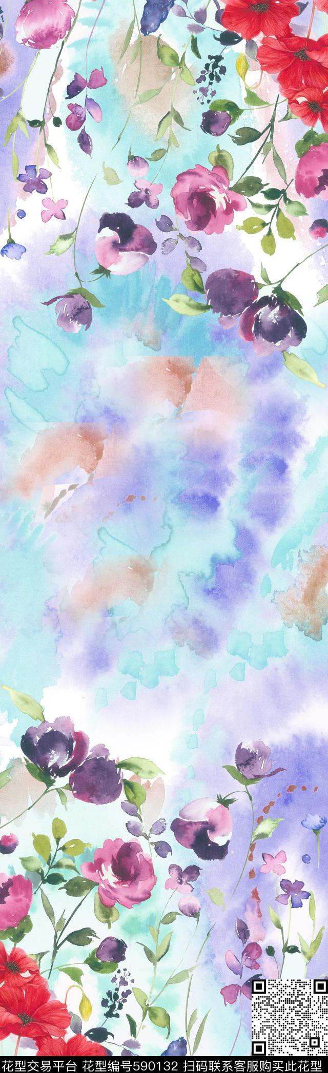 小清新水彩长巾数码印花华亿平台下载（图片编号: 590132） - 瓦栏（Walan）