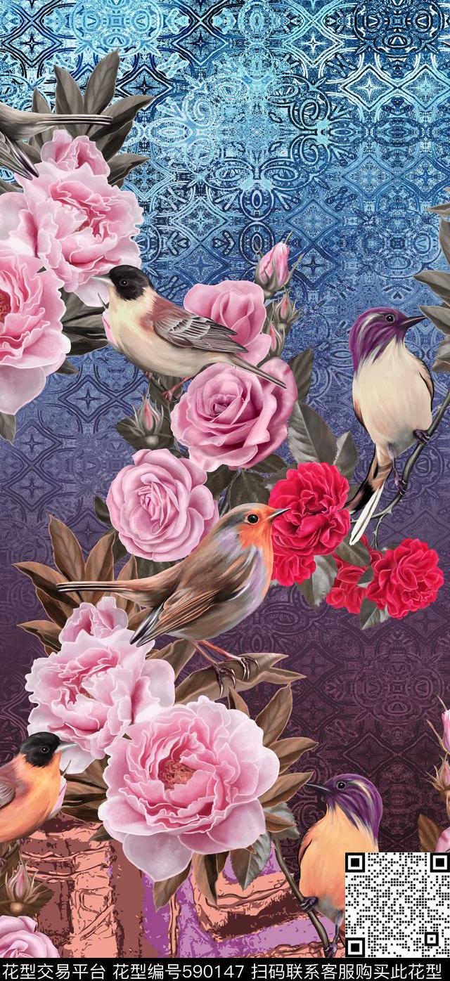 复古华丽花鸟复古怀旧艺术数码印花华亿平台下载（图片编号: 590147） - 瓦栏（Walan）