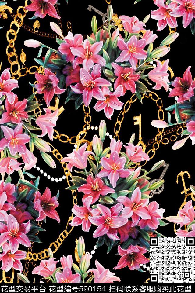 花卉百合链条数码印花华亿平台下载（图片编号: 590154） - 瓦栏（Walan）